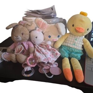 4 Infant Stuffed Animals Soft 2 With Rattles Attached